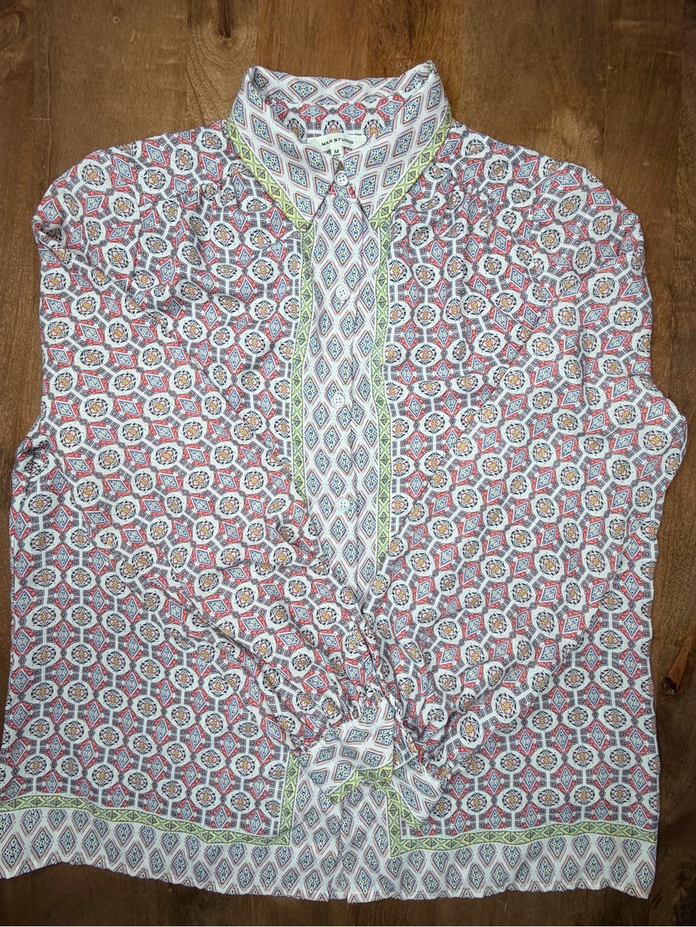 Max Studio White Button-Down Shirt with Red and Blue Geometric Print